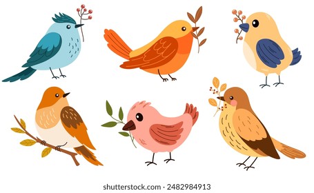 Autumn birds set. Different beautiful birdie with berries and branch. Vector cartoon illustration in childish style isolated on white.