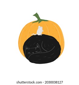 Autumn black cat with mouse and pumpkin. Halloween doodle cute sleeping kitten. Pets. Stock vector flat cartoon illustration on a white background.
