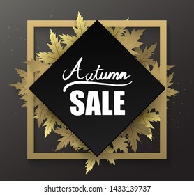 Autumn black frame border Banner with hand writing text and leaf.sale,season.premium