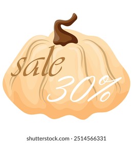 autumn black friday sale design with round white pumpkin and discount numbers in it, vector	