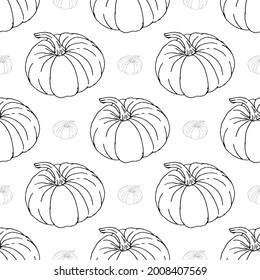 Calabazas negras y grises otoñales sobre el patrón de fondo blanco. Caída, tela de las fiestas de Acción de Gracias, textil. Vegetación repetida sin inconvenientes. Rótulo de calabazas textiles, pancartas, papel pintado, envoltura de diseño vectorial