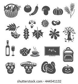 Autumn black icon set.
Icons with symbols of autumn holidays, plants etc.