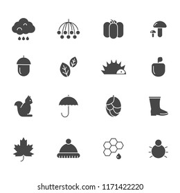 Autumn black icons. Various silhouettes of autumn symbols. Vector fall autumn, leaf of tree, rowan and foliage, black monochrome pumpkin and umbrella illustration