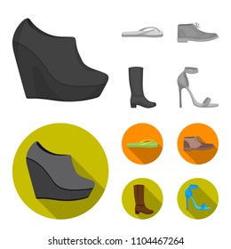 Autumn black shoes on a high platform, flip-flops green for relaxation, sandy men autumn shoes, high brown boots. Shoes set collection icons in monochrome,flat style vector symbol stock illustration