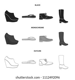 Autumn black shoes on a high platform, flip-flops green for relaxation, sandy men's autumn shoes, high brown boots. Shoes set collection icons in black,monochrome,outline style vector symbol stock