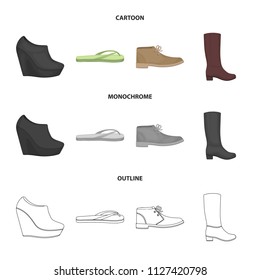 Autumn black shoes on a high platform, flip-flops green for relaxation, sandy men autumn shoes, high brown boots. Shoes set collection icons in cartoon,outline,monochrome style vector symbol stock