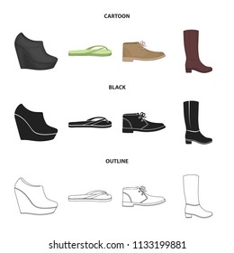 Autumn black shoes on a high platform, flip-flops green for relaxation, sandy men autumn shoes, high brown boots. Shoes set collection icons in cartoon,black,outline style vector symbol stock