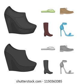 Autumn black shoes on a high platform, flip-flops green for relaxation, sandy men autumn shoes, high brown boots. Shoes set collection icons in cartoon,monochrome style vector symbol stock