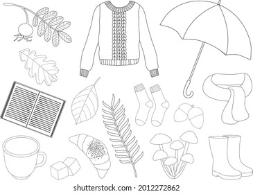 Ilustración vectorial de color blanco y negro de otoño. Deja gráficos de calabazas de hongos