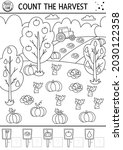 Autumn black and white counting game with harvest in the garden or field. Fall or Thanksgiving line math activity. Simple printable farm themed worksheet. Educational coloring puzzle for kids. 
