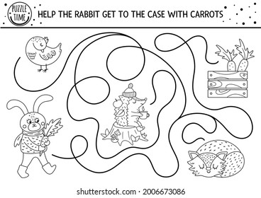 Autumn black and white maze for children. Preschool printable activity or coloring page. Funny fall season puzzle with cute woodland animal. Help the rabbit get to carrots. Forest line game
