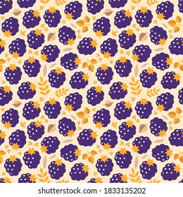 Autumn blackberry pattern. Forest background with blackberries and autumn plants on a light brown background. Vector 8 EPS.