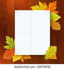 autumn blank notepad on wood vector background. isolated. layered. 