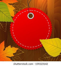 autumn blank vector label on wood background. layered. 