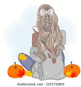 Autumn, blonde holding cup, back, pumpkins, vector illustration, print