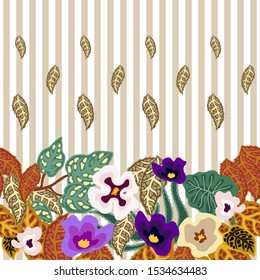 Autumn blossom. Seamless vector border with colorful flowers leaves. Vintage textile design collection. On light striped background.