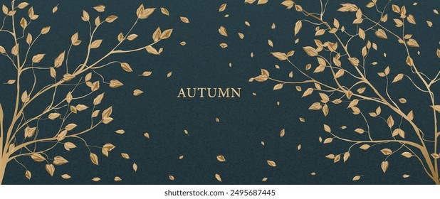 Autumn blue art background with golden leaves on trees with line elements and texture in modern style. Botanical banner for wallpaper, postcard, textile, packaging, cover, social media