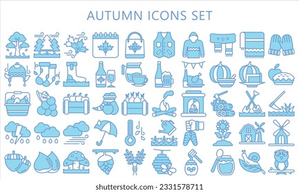 autumn blue color icons pack. contain acorns, pumpkins, apples, cornucopias, coffee or tea, sweaters, bonfires, umbrella and more. use for modern concept, UI or UX kit, web and app. vector EPS 10.