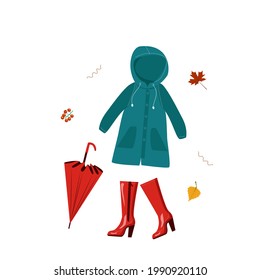 Autumn blue raincoat with red rubber boots and umbrella isolated on white background. Fashion clothes for autumn in cartoon style