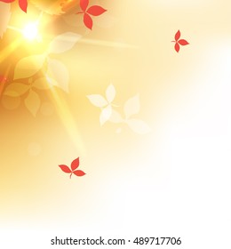 Autumn blurred orange abstract background with bokeh effect, red leaves. Vector illustration