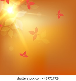 Autumn blurred orange abstract background with bokeh effect, red leaves. Vector illustration