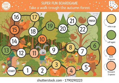 Autumn board game for children with cute woodland animals. Educational boardgame with bear, hare, fox. Take a walk through the forest activity. Fall season or thanksgiving printable worksheet.
