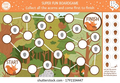 Autumn board game and cut and glue for children with cute woodland animal. Educational boardgame with funny squirrel. Collect all the acorns and come first to finish. Fall season printable worksheet.
