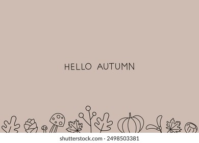 Bannière bohème d'automne avec feuille d'érable, sorbe, feuille de chêne, légumes, plantes, citrouille, fleurs, cône, mouche agaric. Arrière-plan Image vectorielle d'automne dessiné à la main pour Thanksgiving Day, saison automnale. Illustration à plat