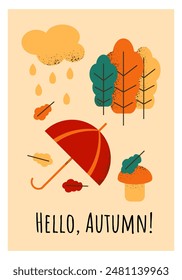 Autumn bold poster with text Hello, Autumn with related items in flat geometric style. Vector modern illustration for banner or poster