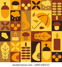 Autumn bold seamless pattern in geometric style. Natural elements in simple geometric shapes, vector flat style. Good for autumn templates, cover design