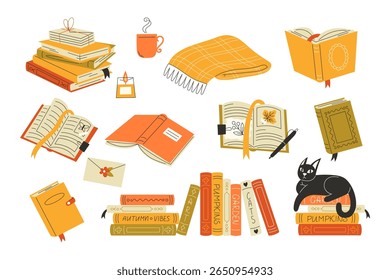 Coleção de livros de outono com diário de literatura e leitura sazonal em estilo plano