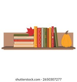 Estante de outono com livros e abóbora. Literatura de pilha de biblioteca, estante de estudo. Ilustração de vetor plano isolada no plano de fundo branco