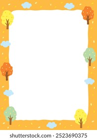 Autumn border background illustration decorated with clouds, fallen leaves and trees