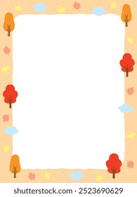 Autumn border background illustration decorated with trees, fallen leaves and clouds