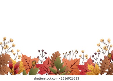 Autumn border. Autumn background. Thanksgiving and Harvest Day. Leaf fall horizontal banner. Maple leaves border. Vector illustration.