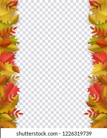 Autumn border with bright multi colored tree leaves on transparent background. Seasonal decorative frame with colorful foliage for greeting or promotional design in vector illustration.