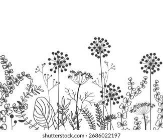 Autumn border with doodle forest and meadow plants. Hand drawn floral background for frames, posters, kids cards, wallpapers. Vector illustration.