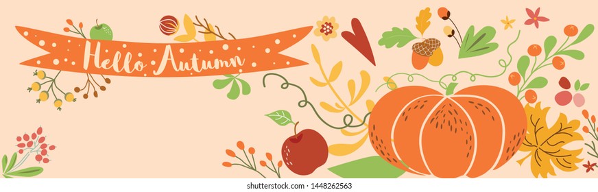 Autumn border horizontal decorated pumpkin fall flowers leaves Autumn banner Ribbon Hello Autumn vector