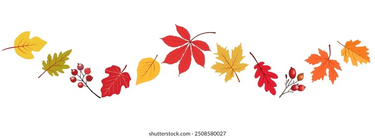 Autumn border with leaves ,mushrooms,acorns,berries. Wave of falling leaves. Leaf fall. Autumn flying leaf. Watercolor leaves in the wind. Autumn leaves seamless border.