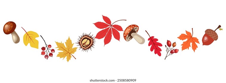  Autumn border with leaves ,mushrooms,acorns,berries. Wave of falling leaves. Leaf fall. Autumn flying leaf. Watercolor leaves in the wind. Autumn leaves seamless border.