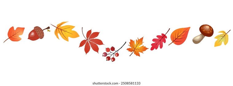 Autumn border with leaves ,mushrooms,acorns,berries. Wave of falling leaves. Leaf fall. Autumn flying leaf. Watercolor leaves in the wind. Autumn leaves seamless border.