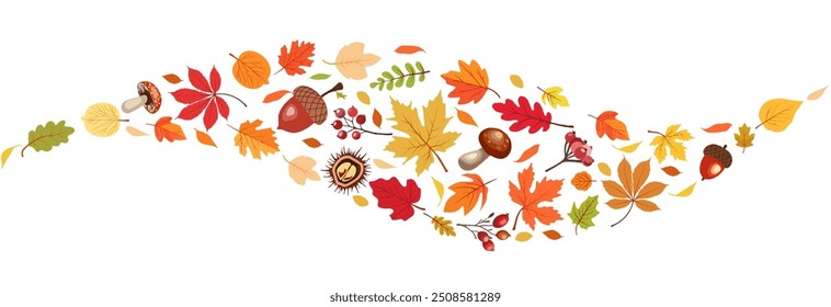 Autumn border with leaves ,mushrooms,acorns,berries. Wave of falling leaves. Leaf fall. Autumn flying leaf. Watercolor leaves in the wind. Autumn leaves seamless border.