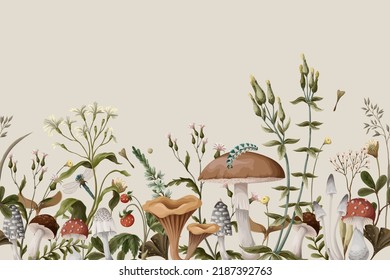 Autumn border and mushrooms  berries   bugs  Natural trendy print 