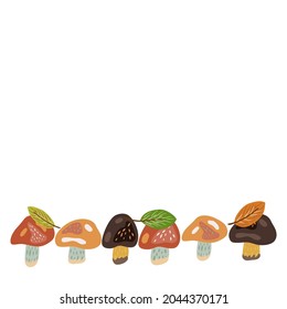 Autumn border with mushrooms and leaves. Colorful vector design for web and print. 