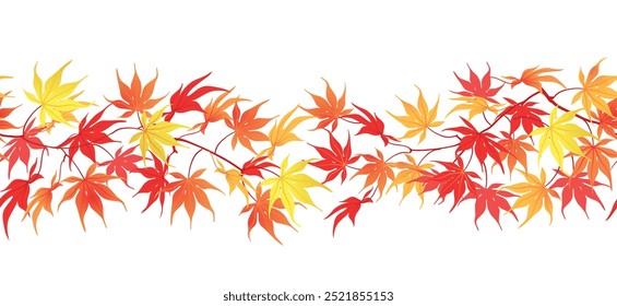 Autumn border on white background. Time of leaf fall. Red and orange leaves of Japanese maple in seamless horizontal pattern. Vector illustration.