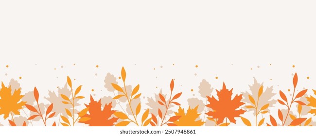 Autumn border with orange and yellow   leaves. Seamless horizontal pattern with simple leaf silhouettes. Vector decoration for Fall, Thanksgiving and Harvest Day design