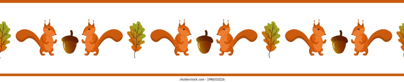 Autumn border with squirrel and oak leaves. Vector illustration isolated on white background. For use in the decoration of various products.