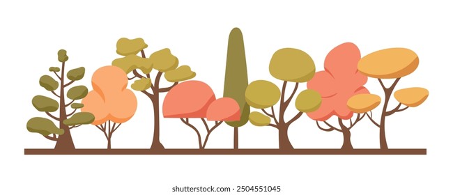 Autumn border of trees. Forest foliage and coniferous plants in a row. Panorama of mixed forest with stylized tree trunks and crowns. Flat vector illustration of forest isolated on white background.