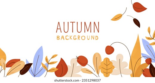 Autumn botanical background with leaf, tree branch, berries. Floral banner design with abstract leaves pattern. Flat vector illustration isolated on white background