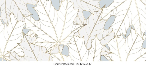 Autumn botanical background with white maple leaves and gold outline. Background for decor, wallpapers, cards and presentations